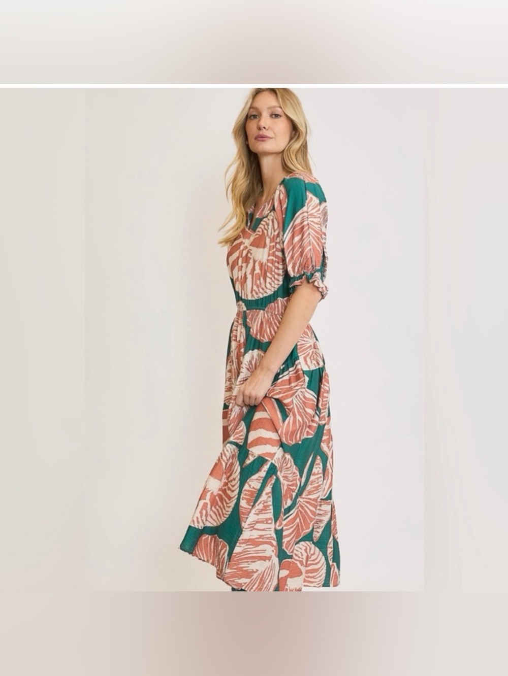 UMGEE Shell Notched Puff Sleeve MIDI MAXI Teal & Coral Tropical Print SM NWT